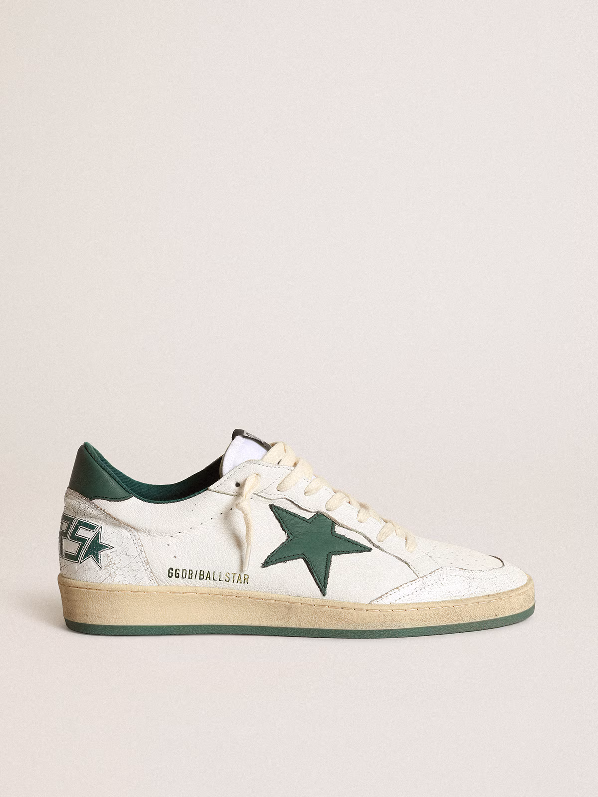 Golden Goose GGDB Women's Ball Star in white nappa leather with green leather star and heel tab