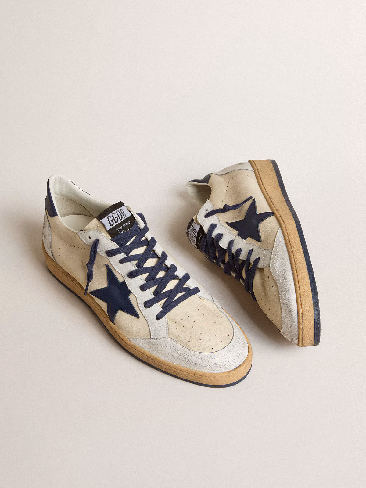 Golden Goose GGDB Men's Ball Star LTD in cream nappa with blue leather star and heel tab