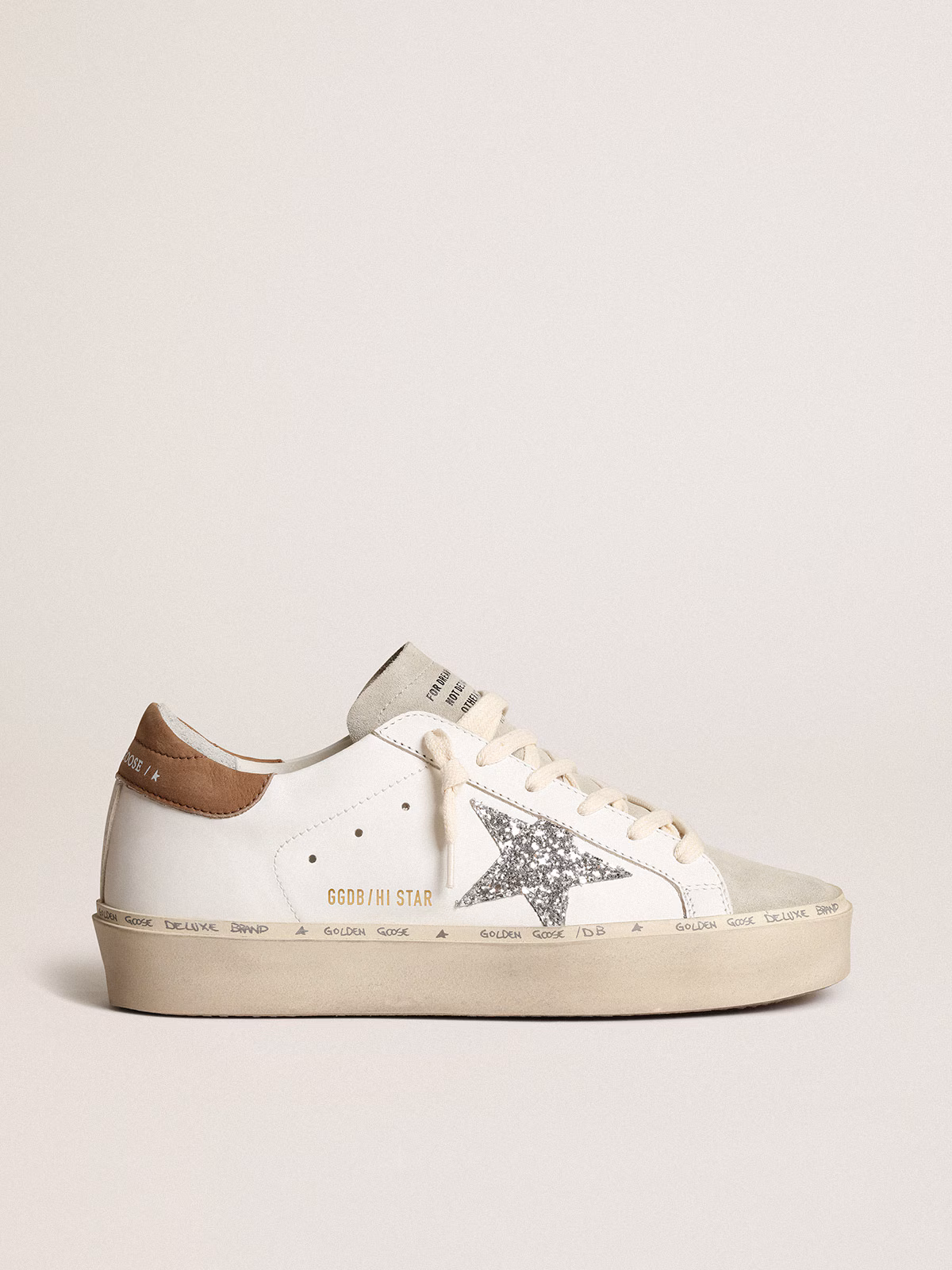 Golden Goose GGDB Hi Star with silver glitter star and dove-gray nubuck heel tab
