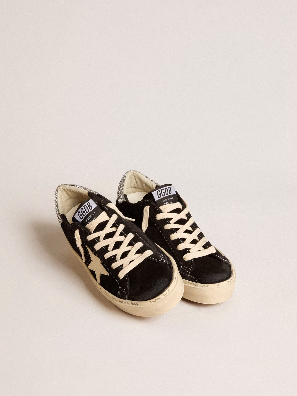 Golden Goose GGDB Women's Hi Star in black leather with silver glitter heel tab