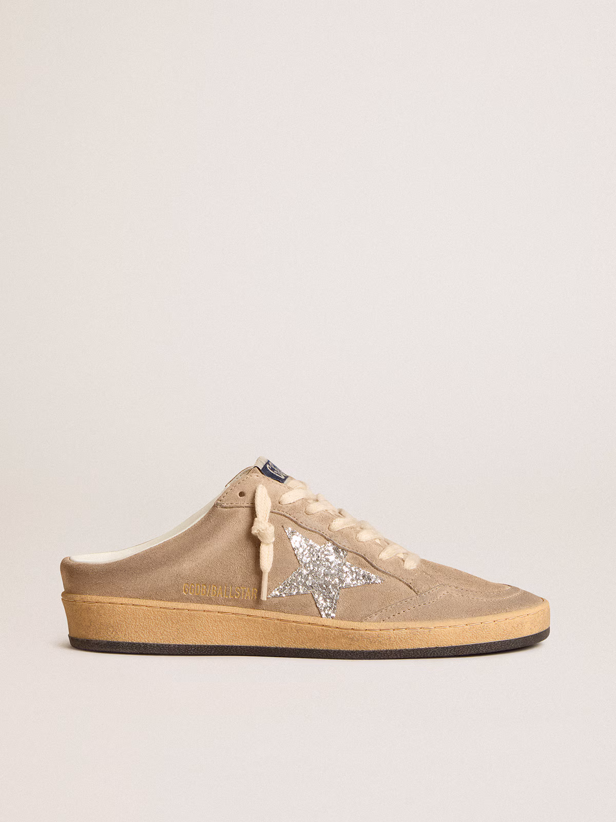 Golden Goose GGDB Ball Star Sabots in dove-gray suede with silver glitter star