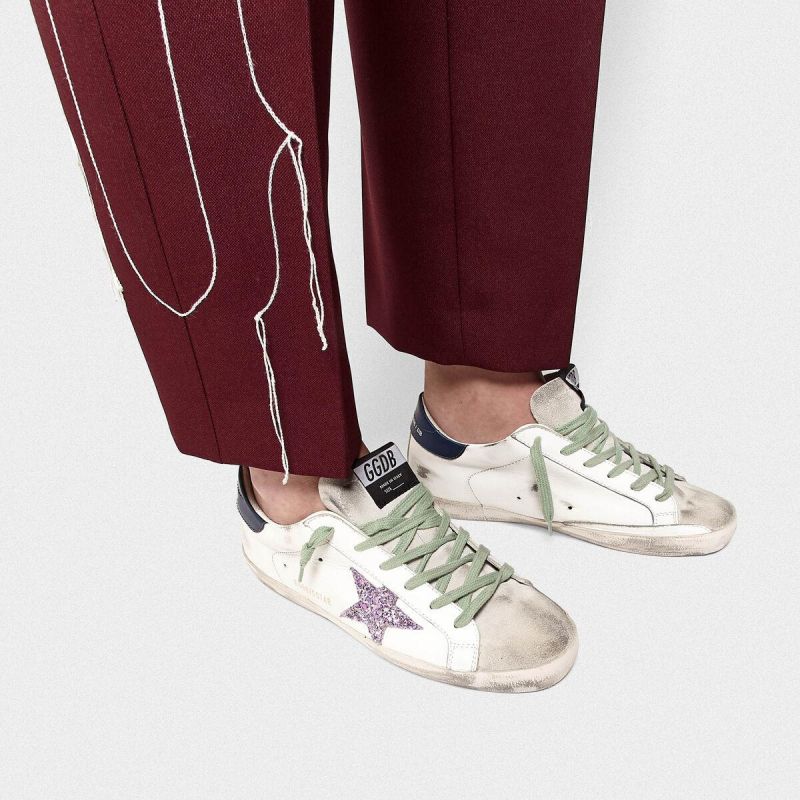 Golden Goose GGDB Super-Star sneakers in dark green leather with gold glitter heel tab