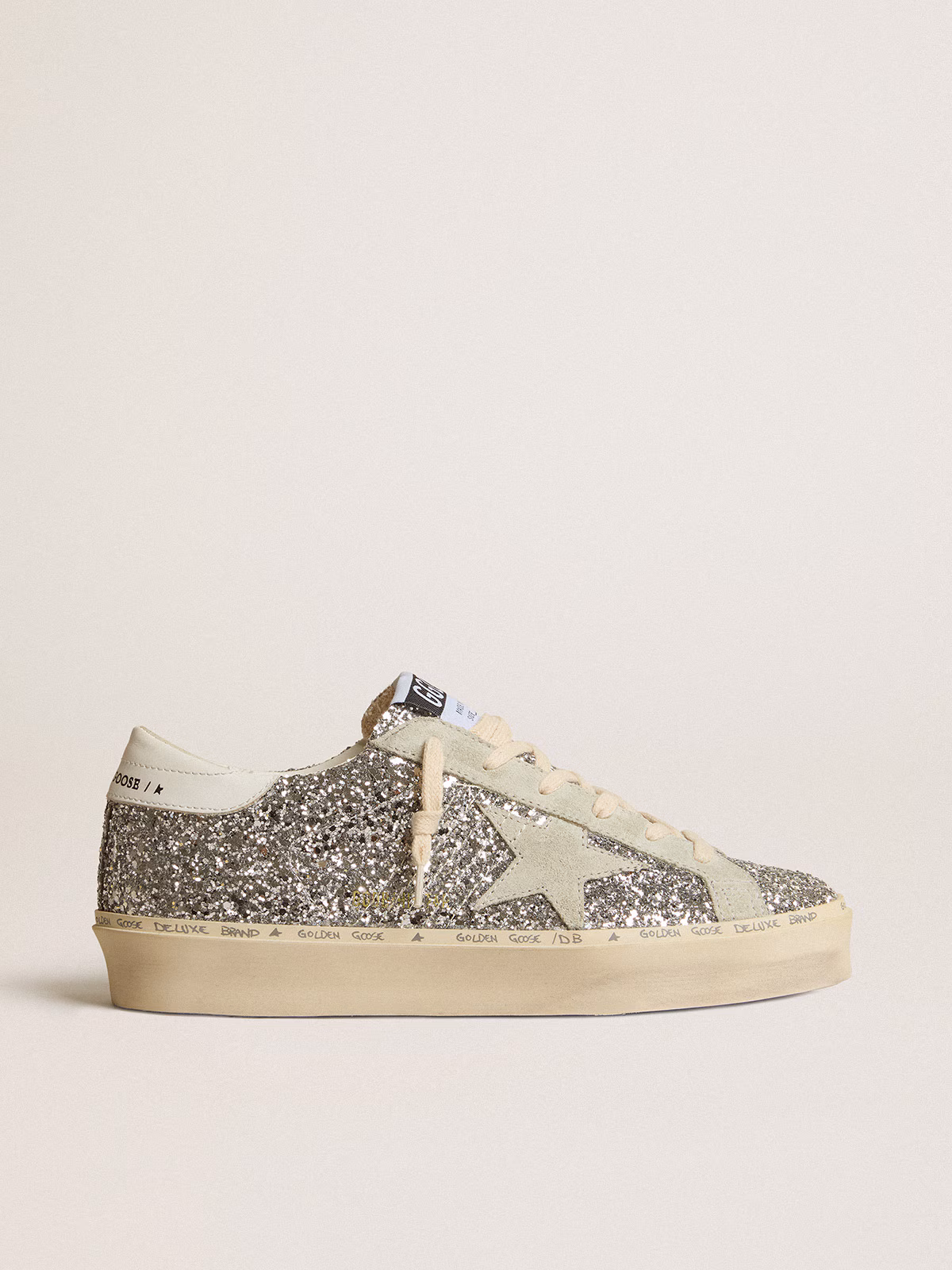 Golden Goose GGDB Women's Hi Star in silver glitter with suede star and white heel tab