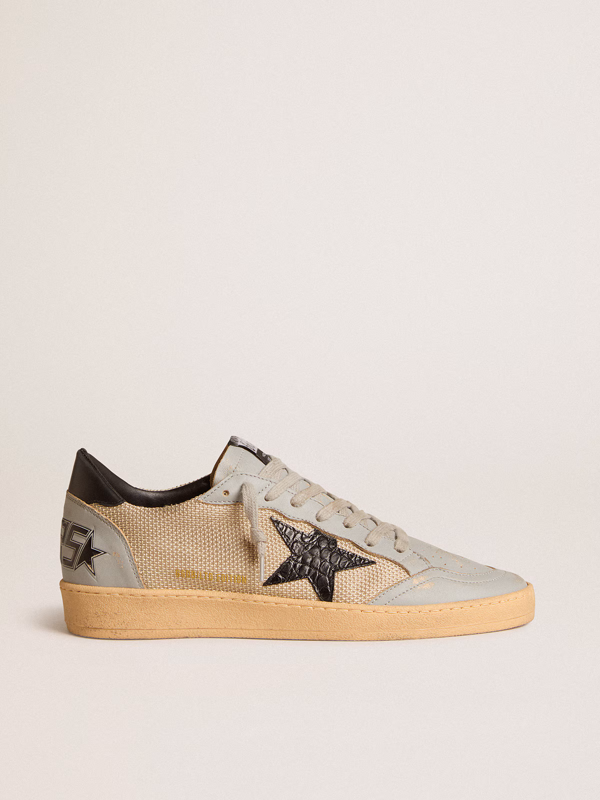 Golden Goose GGDB Men's Ball Star LTD in beige mesh with croc-print leather star and nappa inserts