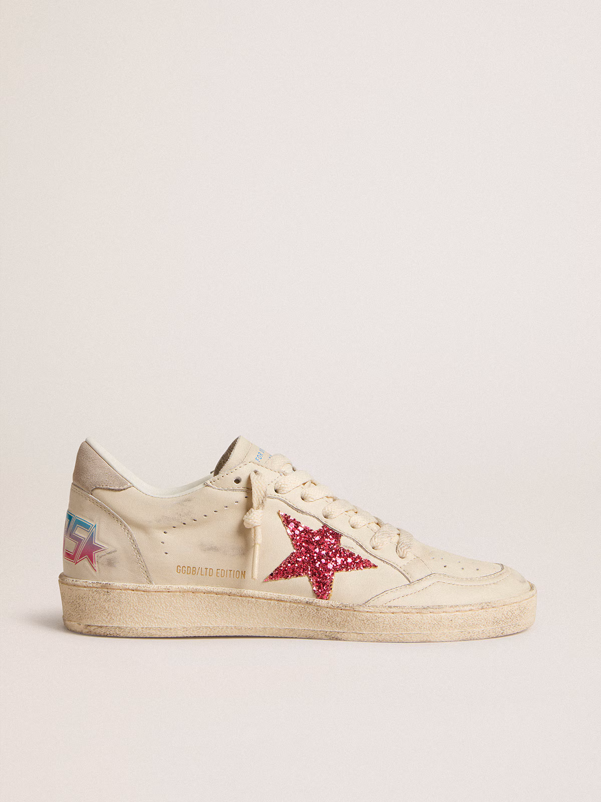 Golden Goose GGDB Ball Star LTD with fuchsia glitter star and light gray suede heel tab