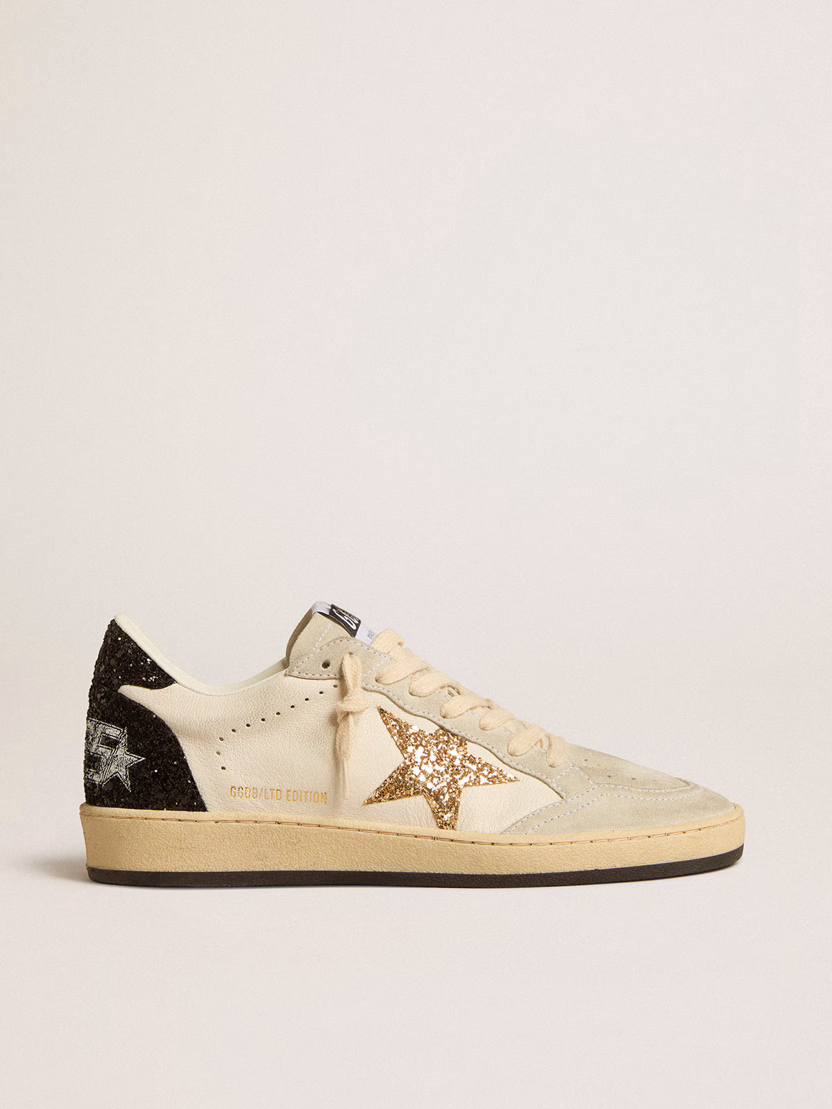 Golden Goose GGDB Ball Star in black nappa leather with black glitter star and suede heel tab