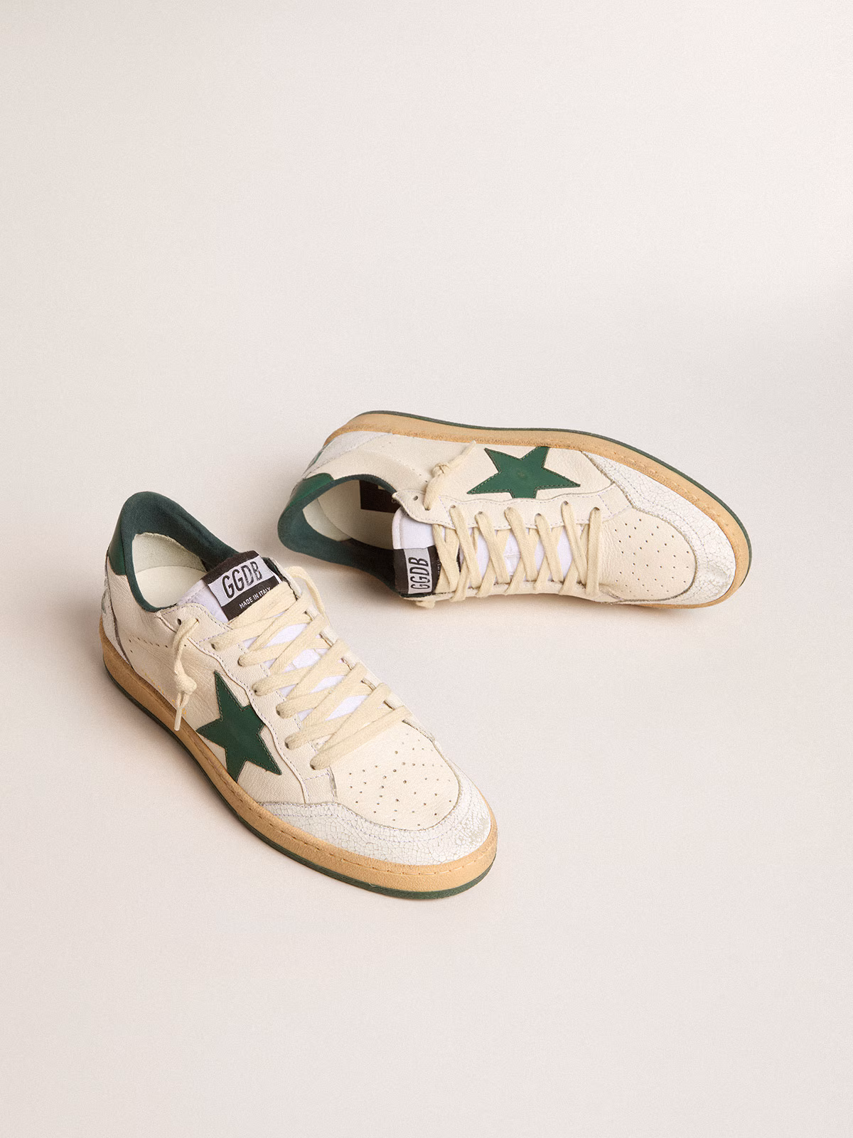 Golden Goose GGDB Women's Ball Star Wishes in white nappa leather with green leather star and heel tab