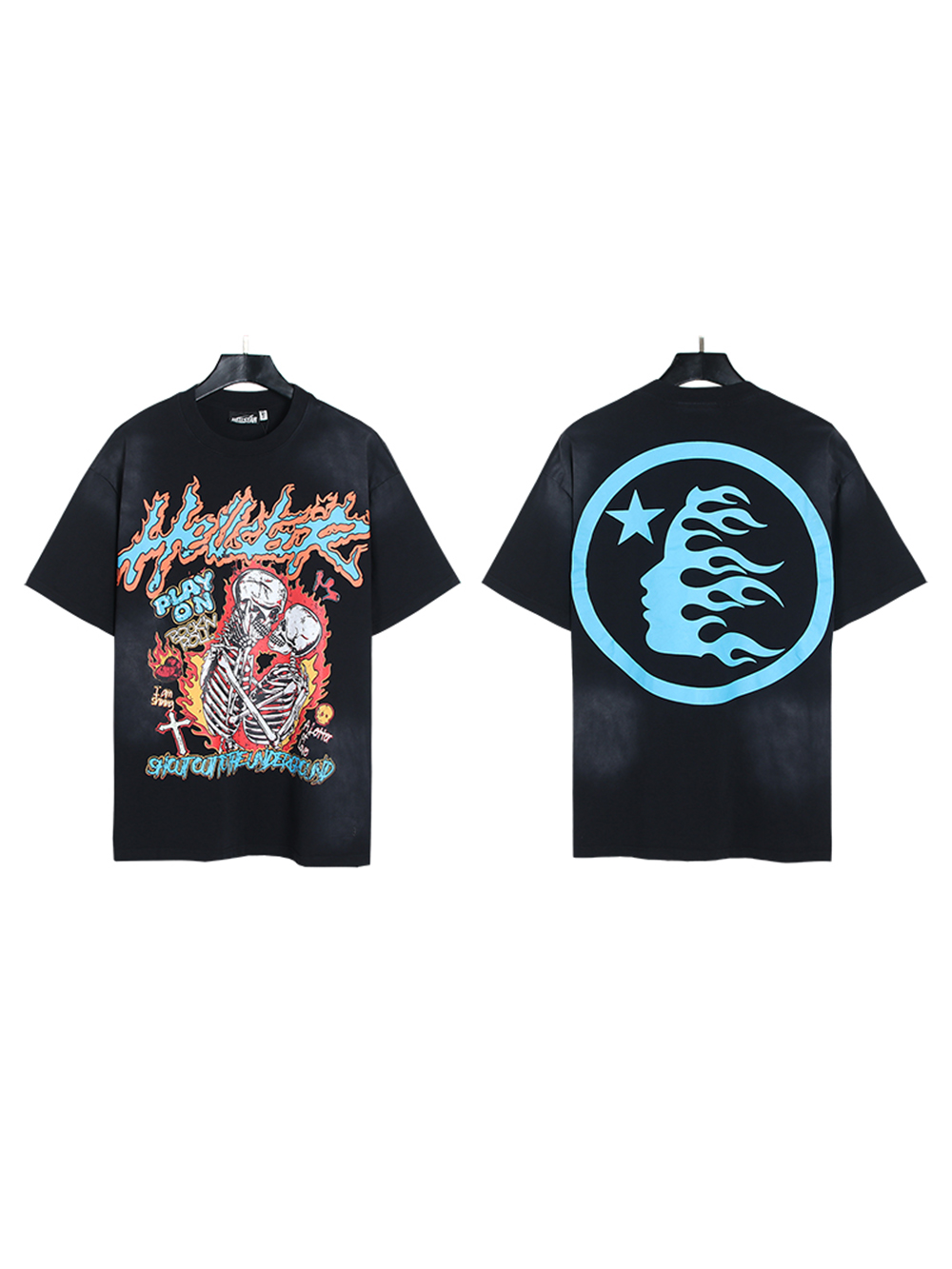 Two Embracing Skulls Flame Letter Print Washed Version Tee