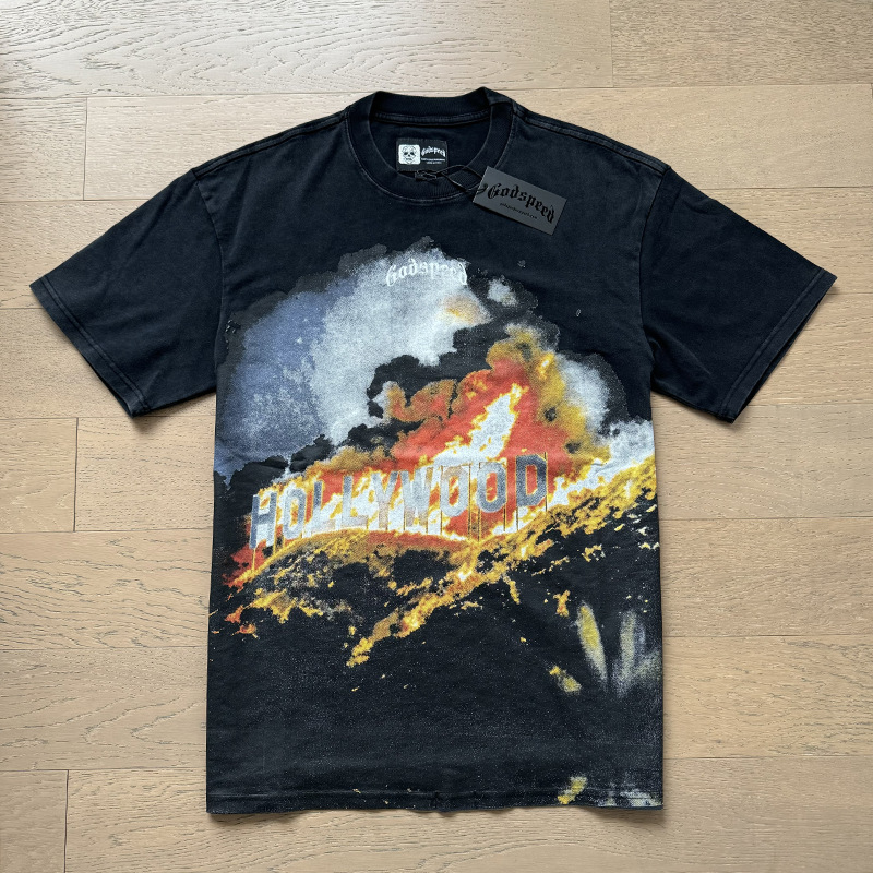 1:1 quality version Hollywood Billboard Burning Cashew Flower Letter Print Version Tee 2 colors
