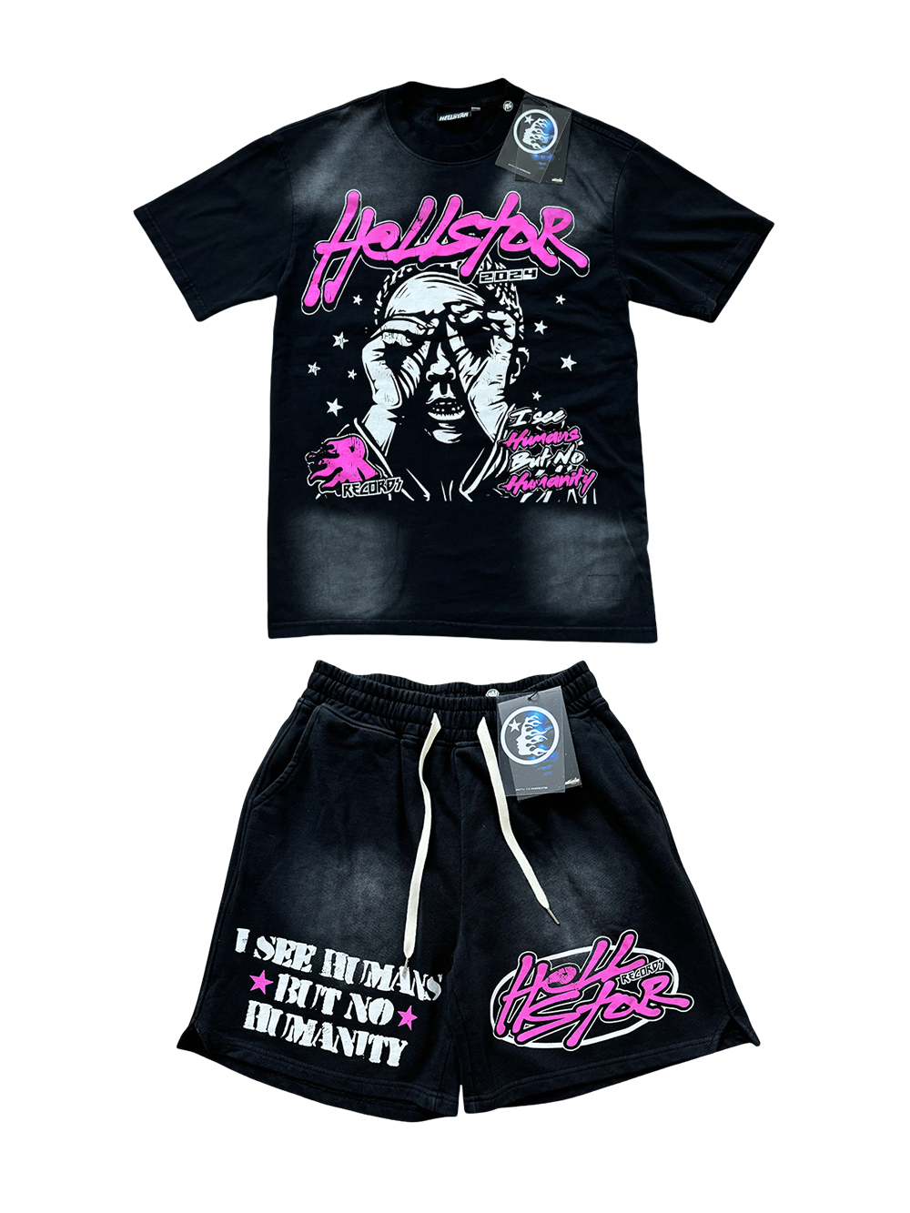 2024 Hip Hop Portrait Slogan Printed Washed Version Tee & Shorts Set