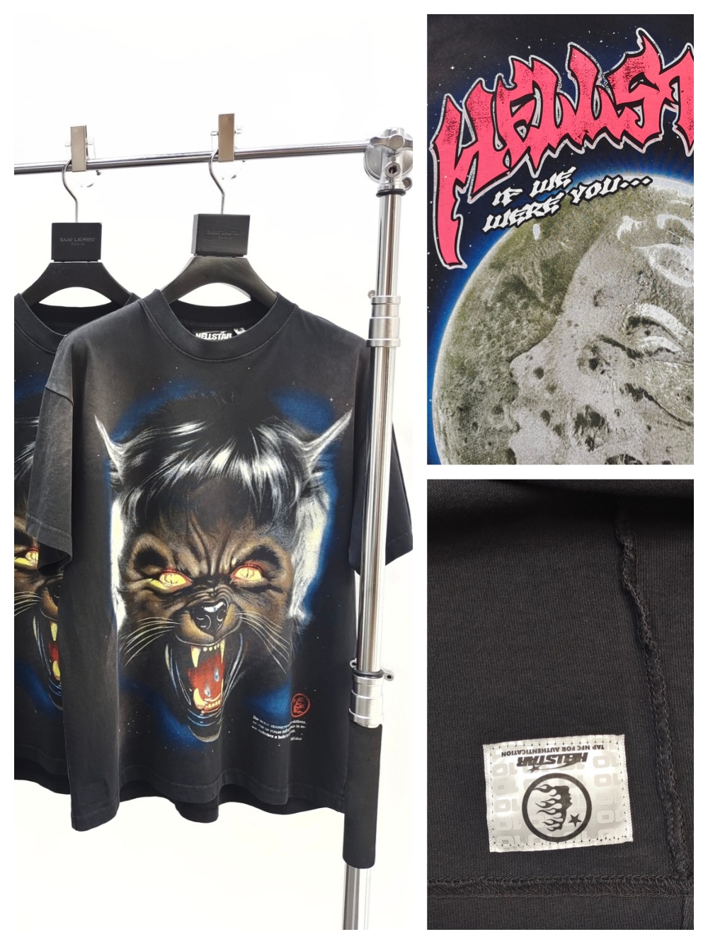 1:1 quality version Wolf Head Full Moon Letter Print Washed Version tee with NFC tag