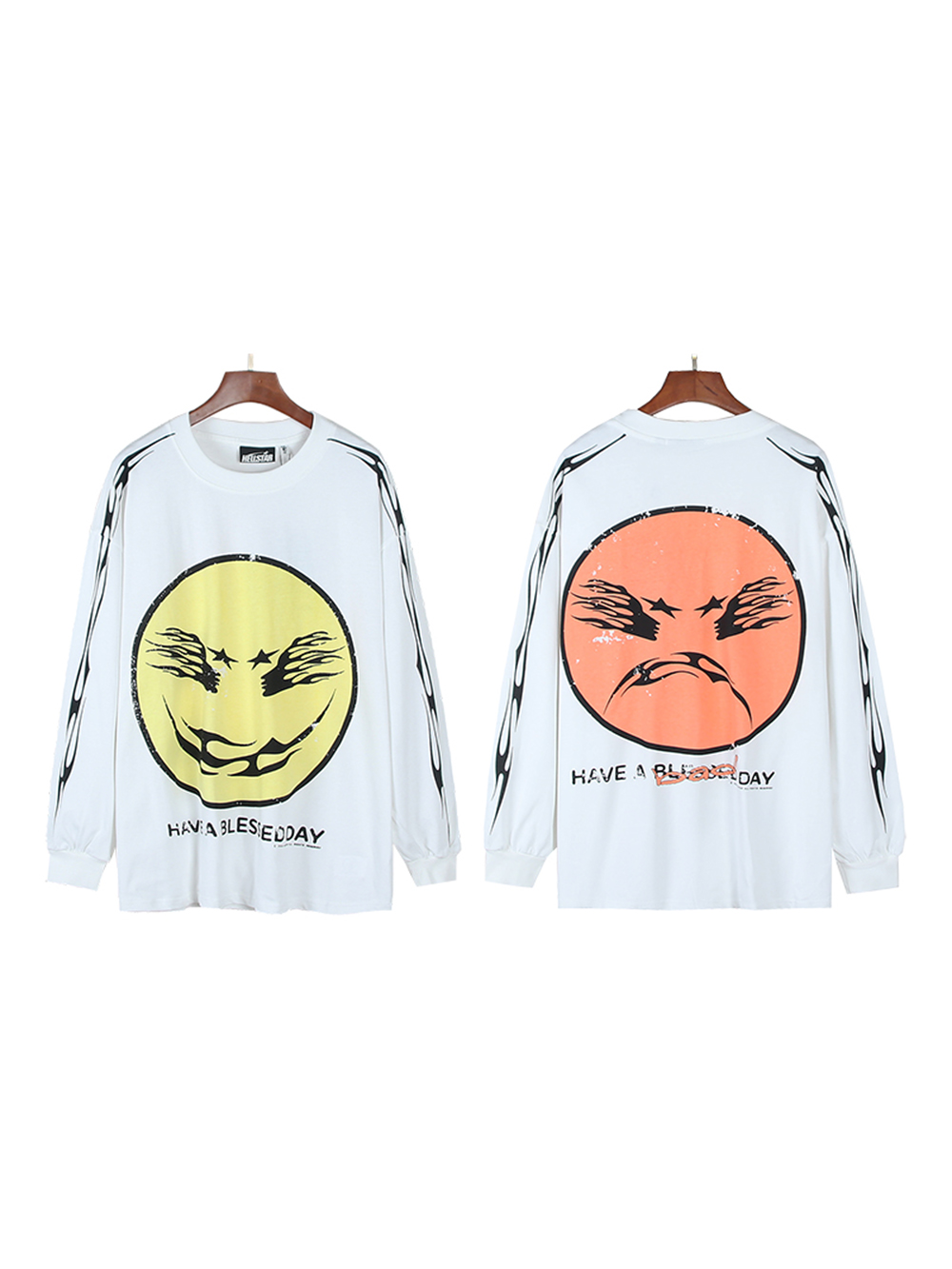 28367301 Logo Smiley Face & Crying Face Printed Long-Sleeved T-Shirt 2 colors