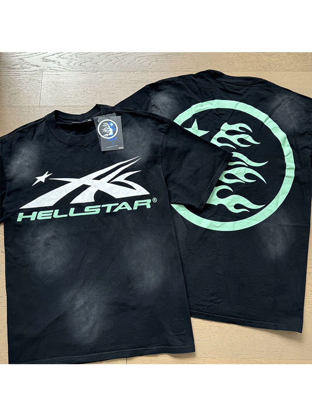 White Green Logo Washed Black Tee