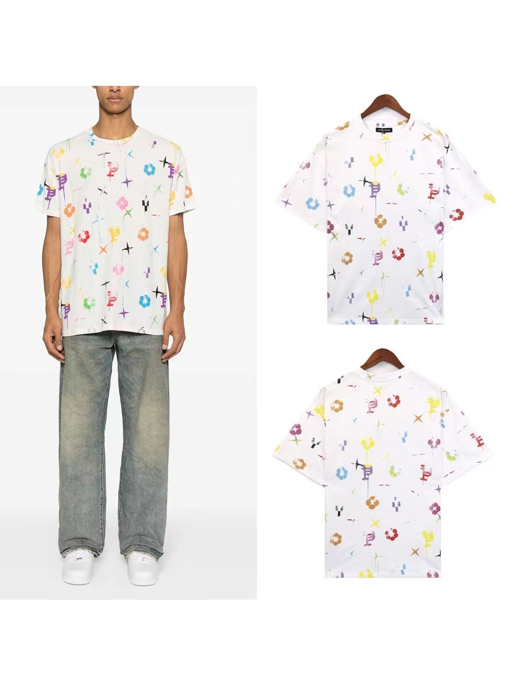 All over floral logo splatter print tee