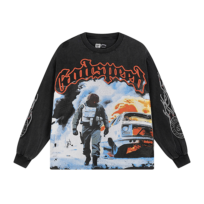 27954184 Burning Car Print Long Sleeve T-Shirt 2 colors