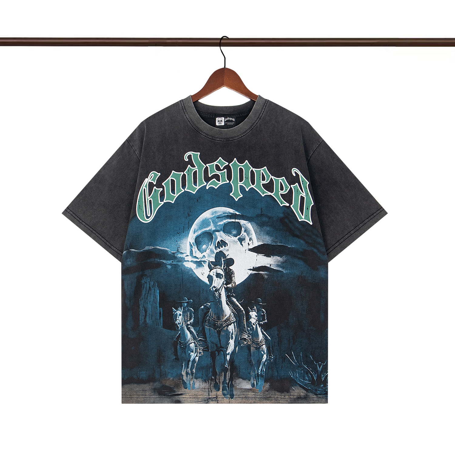 1:1 quality version White Horse Rider Under the Dark of the Moon Printed Washed Version Tee