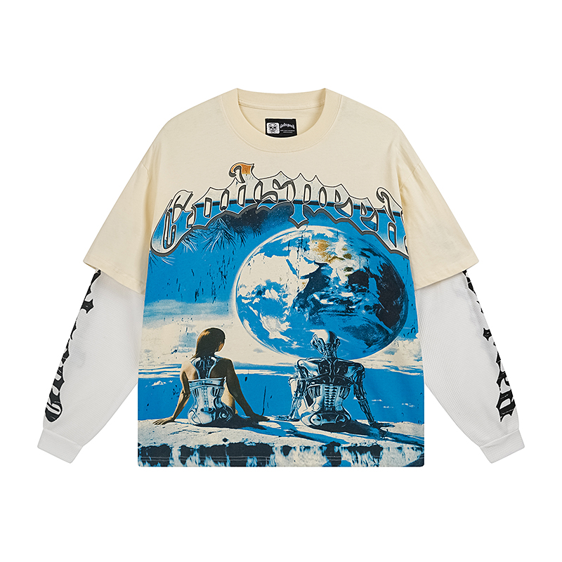 28357721 Metal Robot Moon Print Fake Two-Piece Long Sleeve T-Shirt