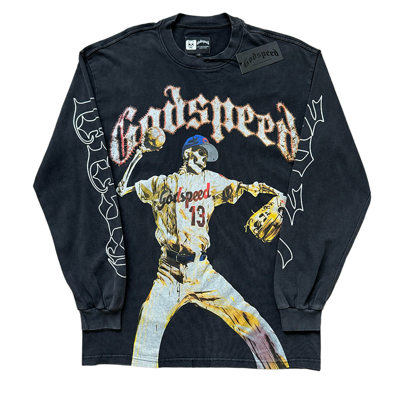 28357720 Skeleton Baseball Player Print Washed Version Long Sleeve T-Shirt 2 colors