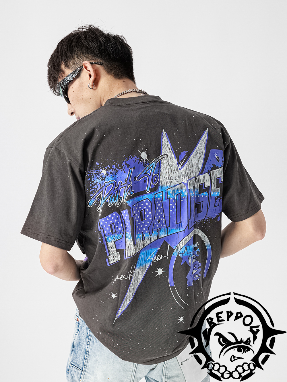 Skeleton astronaut LED lights printed short-sleeved T-shirt