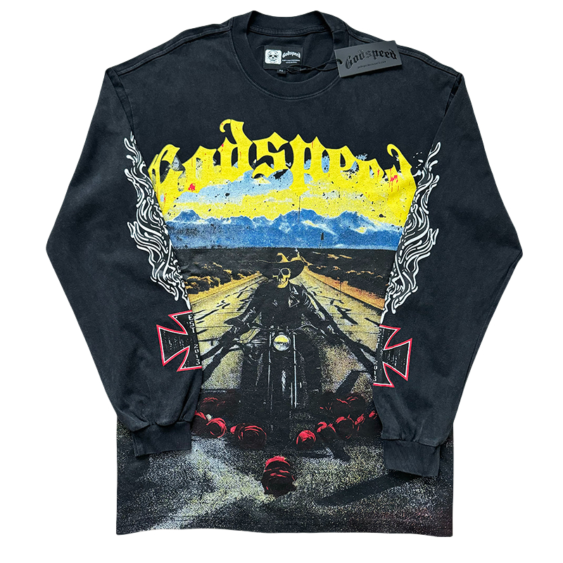 28128576 Rose Skull Moto Print Washed Version Long Sleeve T-Shirt 2 colors