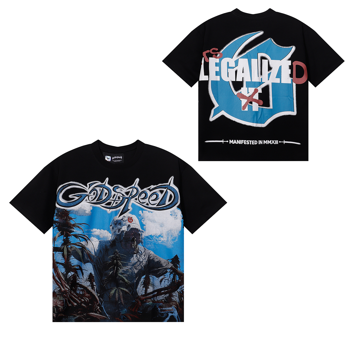 28201018 Blue Sky White Cloud Poppy Skull Planting Print Tee 3 colors