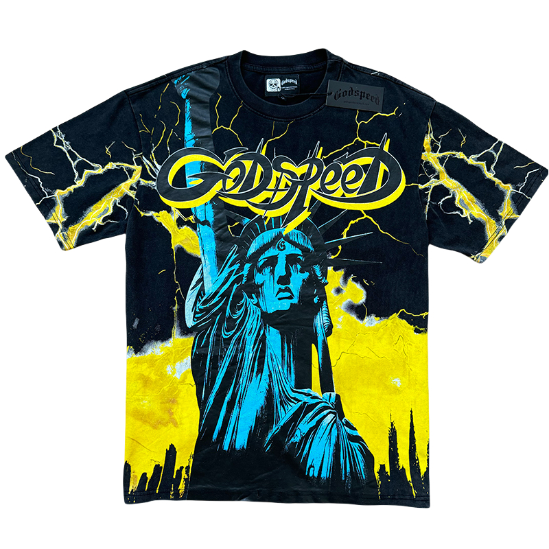 28313135 Lightning Statue of Liberty Sculpture Printed Washed Version Tee 3 colors
