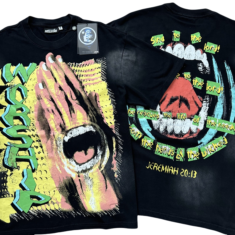 28118021 Worship Letter Teeth Tongue Print Washed Version Tee