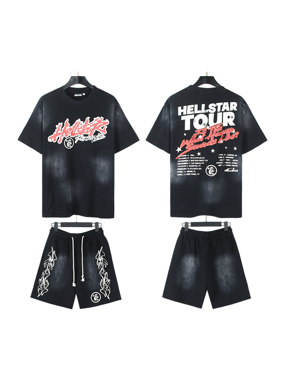28030658 Flame Letter Print Washed Version Tee & Shorts Set
