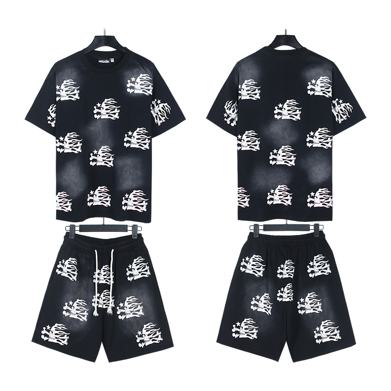 Full Print Skull Washed Black Tee & Shorts Set