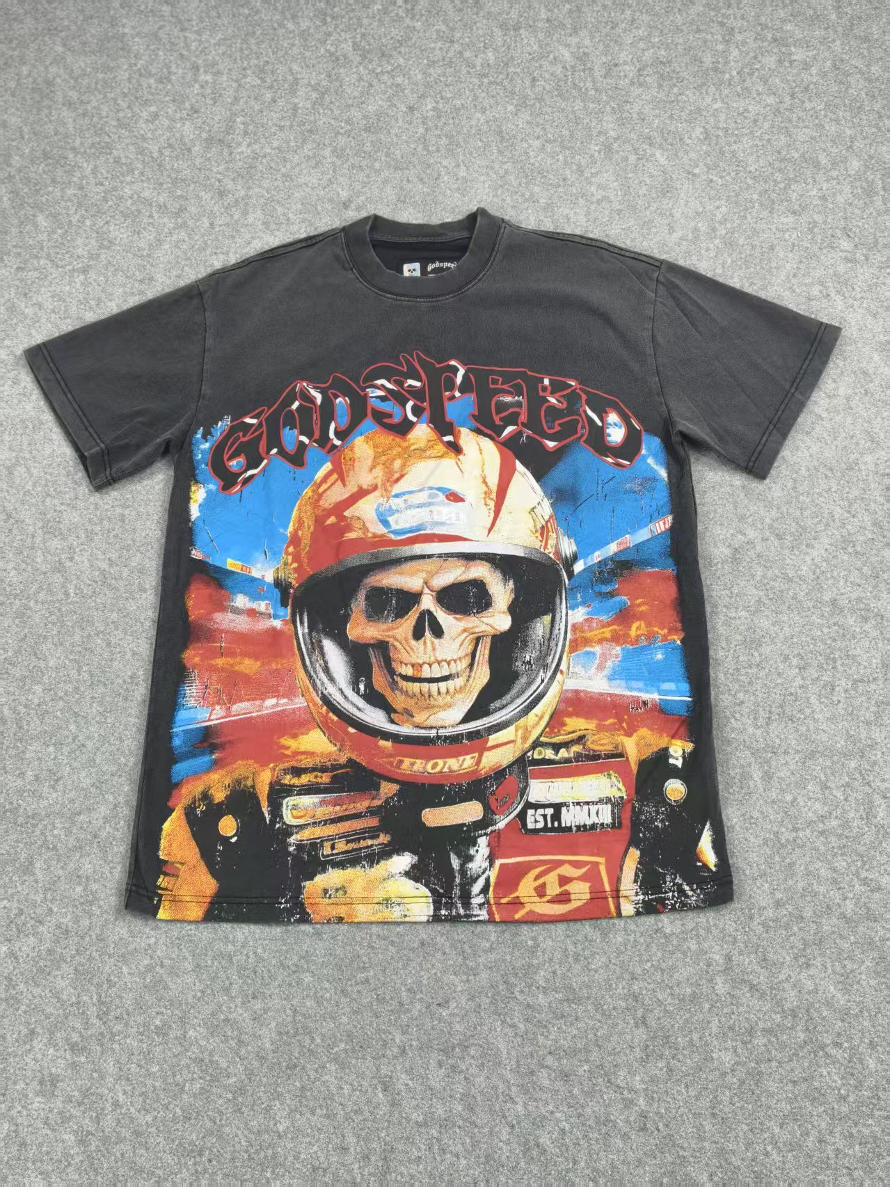 1:1 quality version Racing 96 Skull Rider Print Washed Version Tee 2 colors