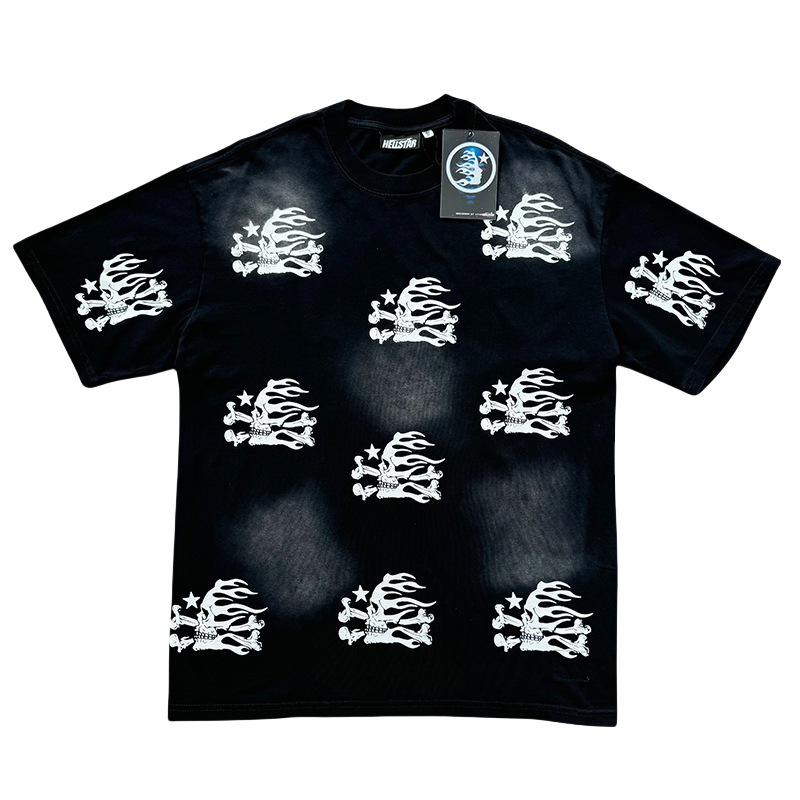 Full Print Skull Washed Black Tee & Shorts Set