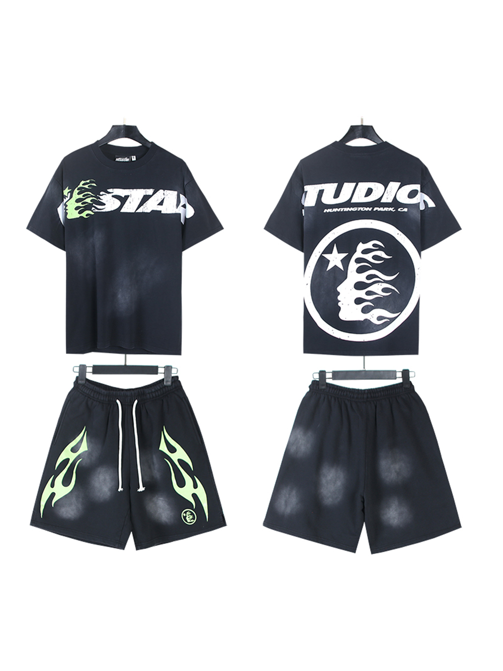 28310477 Green Side Face Printed Washed Version Tee & Shorts Set