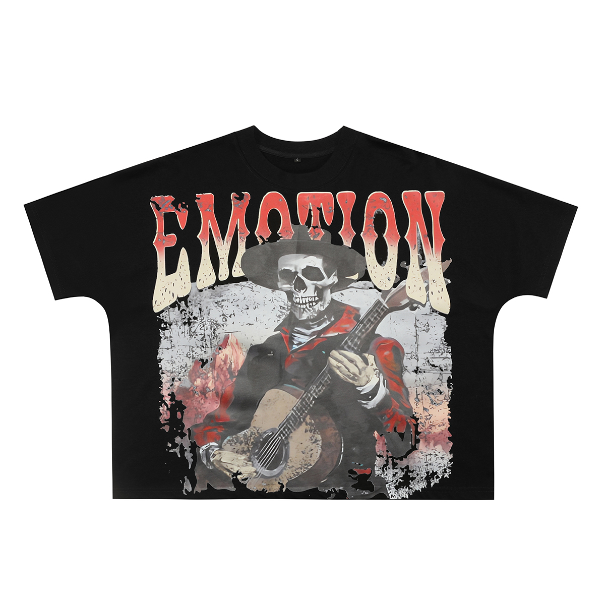 28216346 Mottled Gradient Letter Skull Playing Guitar Print Tee