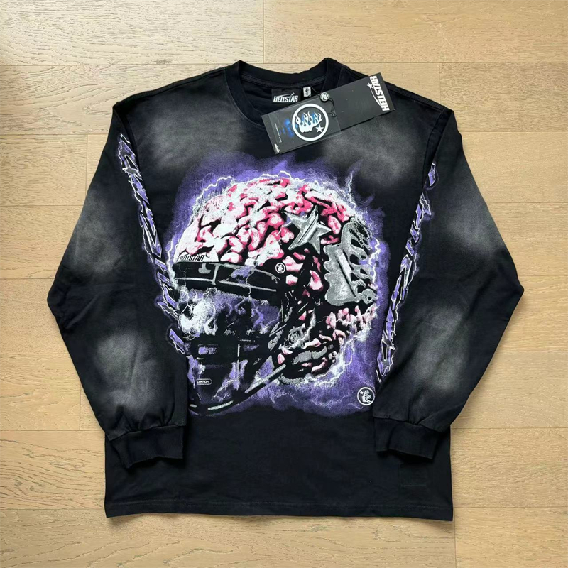 Aged Helmet Cracked Letter Lightning Washed Version Long Sleeve T-Shirt