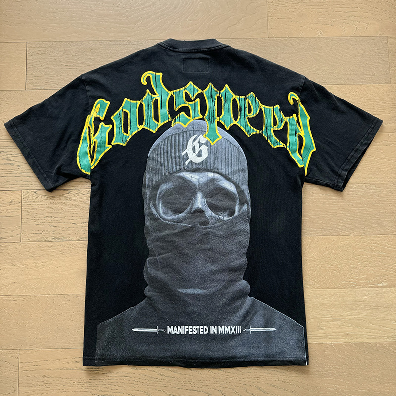 1:1 quality version Masked Skull Green Letter Print Washed Version Tee