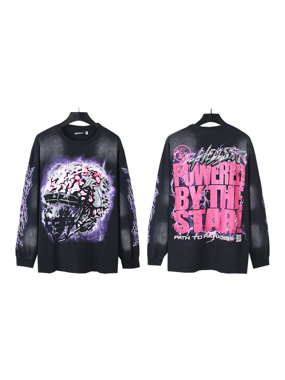 Aged Helmet Cracked Letter Lightning Washed Version Long Sleeve T-Shirt