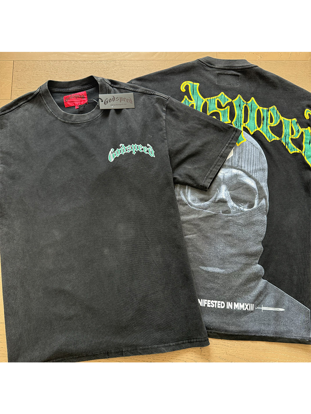 1:1 quality version Masked Skull Green Letter Print Washed Version Tee