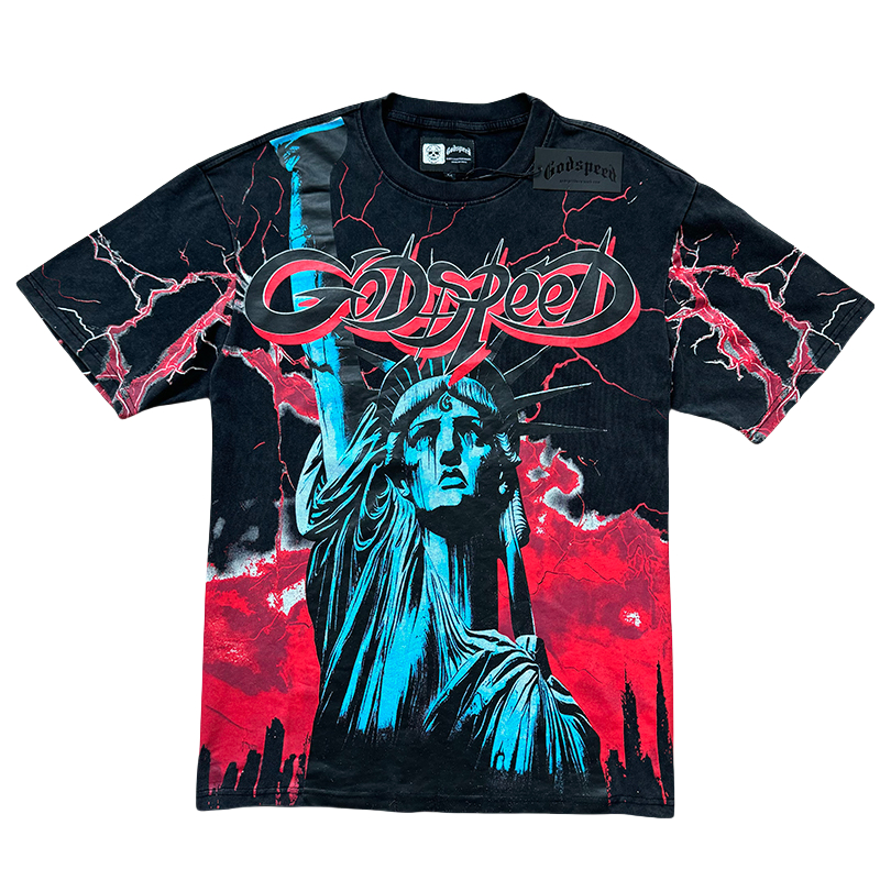 28313135 Lightning Statue of Liberty Sculpture Printed Washed Version Tee 3 colors