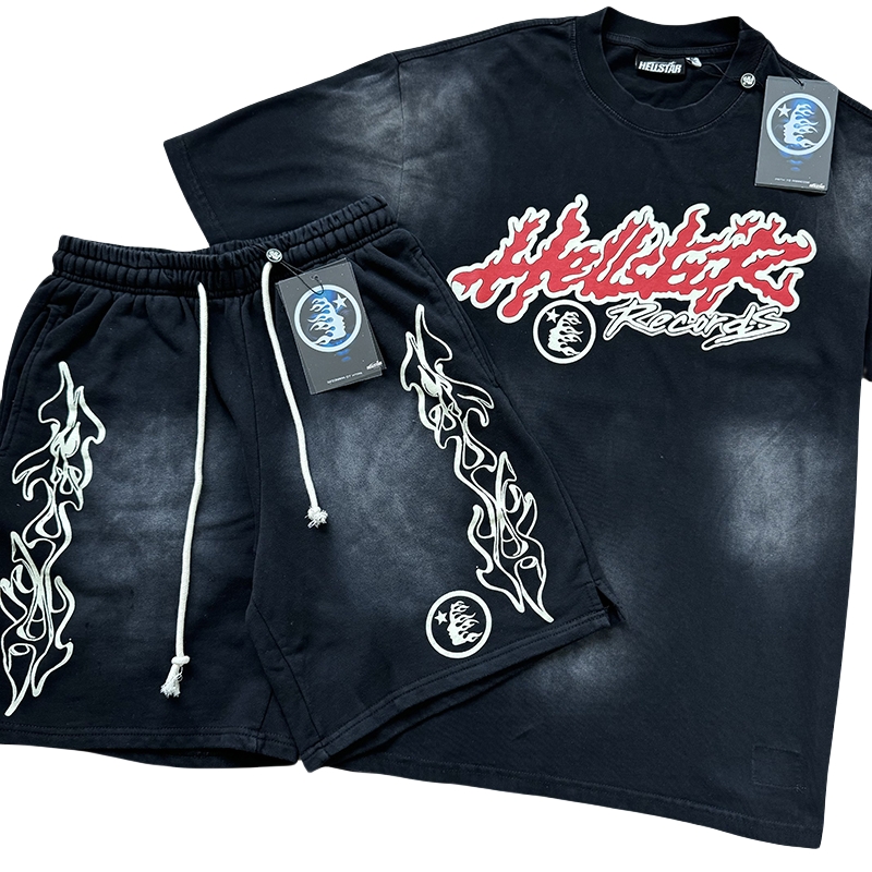 28030658 Flame Letter Print Washed Version Tee & Shorts Set