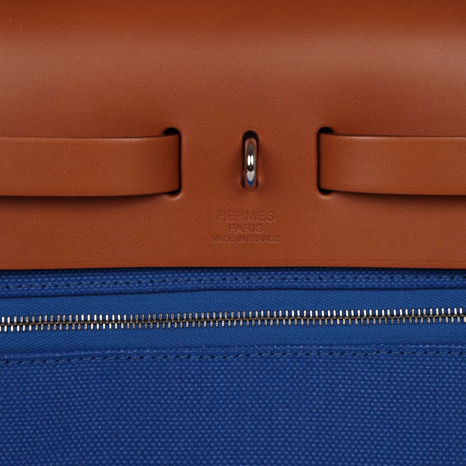 Hermes Herbag Zip PM 31 Bleu France Toile H Fauve Vache Hunter Palladium Hardware