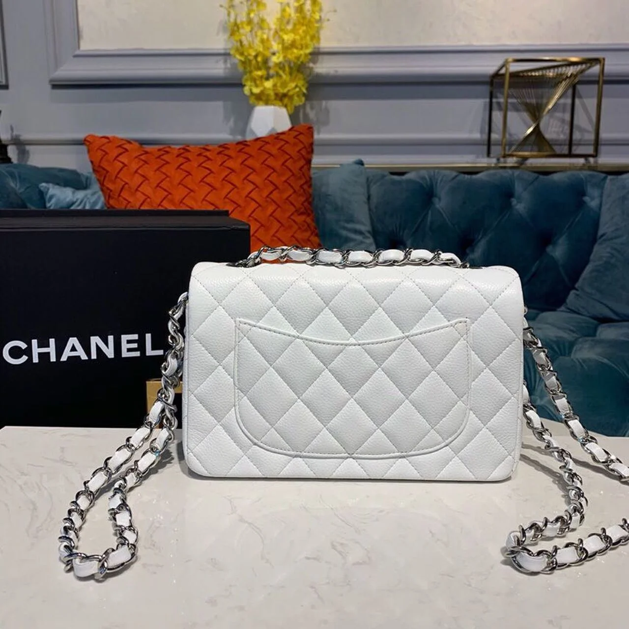 Chanel Small Classic Handbag Silver Hardware White For Women, Women’s Bags, Shoulder And Crossbody Bags 7.8in/20cm A01113