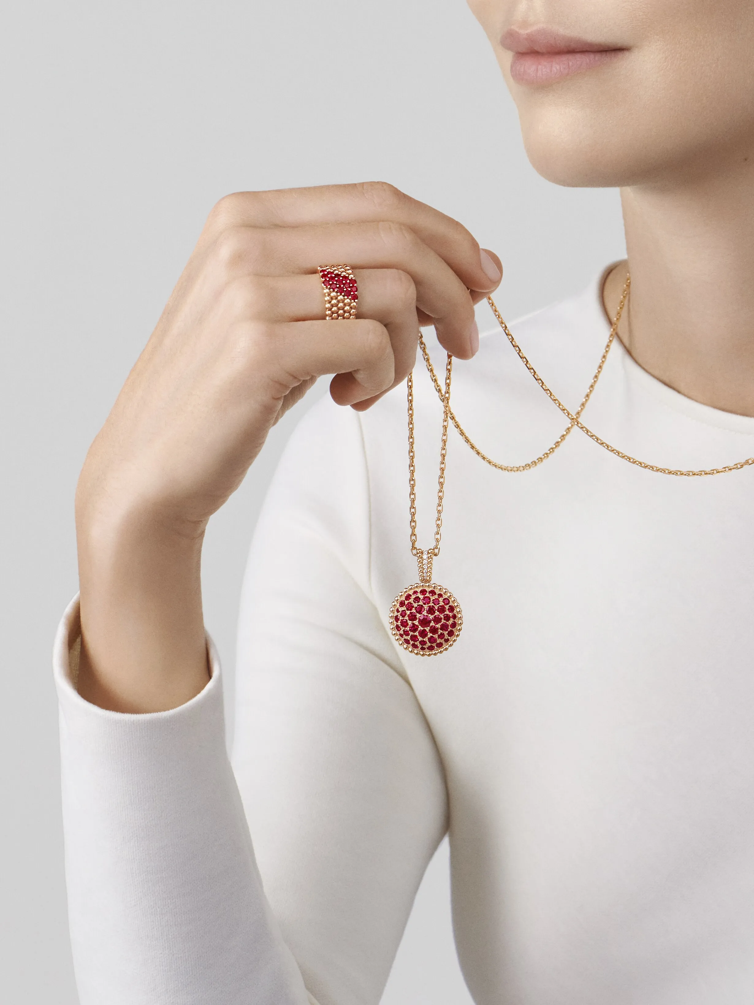 Perlée couleurs ring, 5 rows rose gold, Ruby