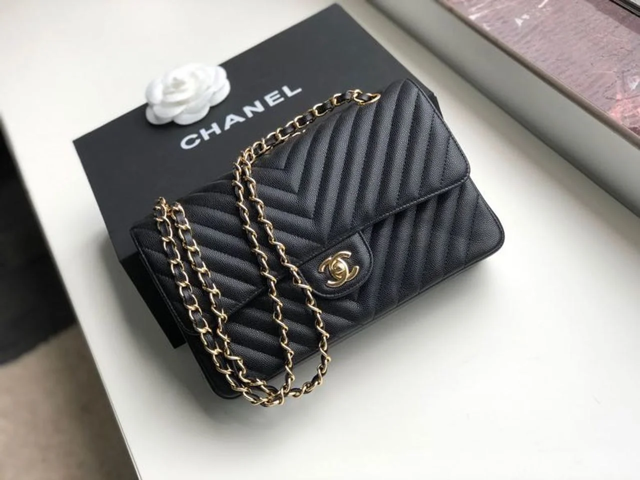 Chanel Chevron Classic Handbag Gold Toned Hardware Black For Women, Womens Bags, Shoulder And Crossbody Bags 10.2in/26cm
