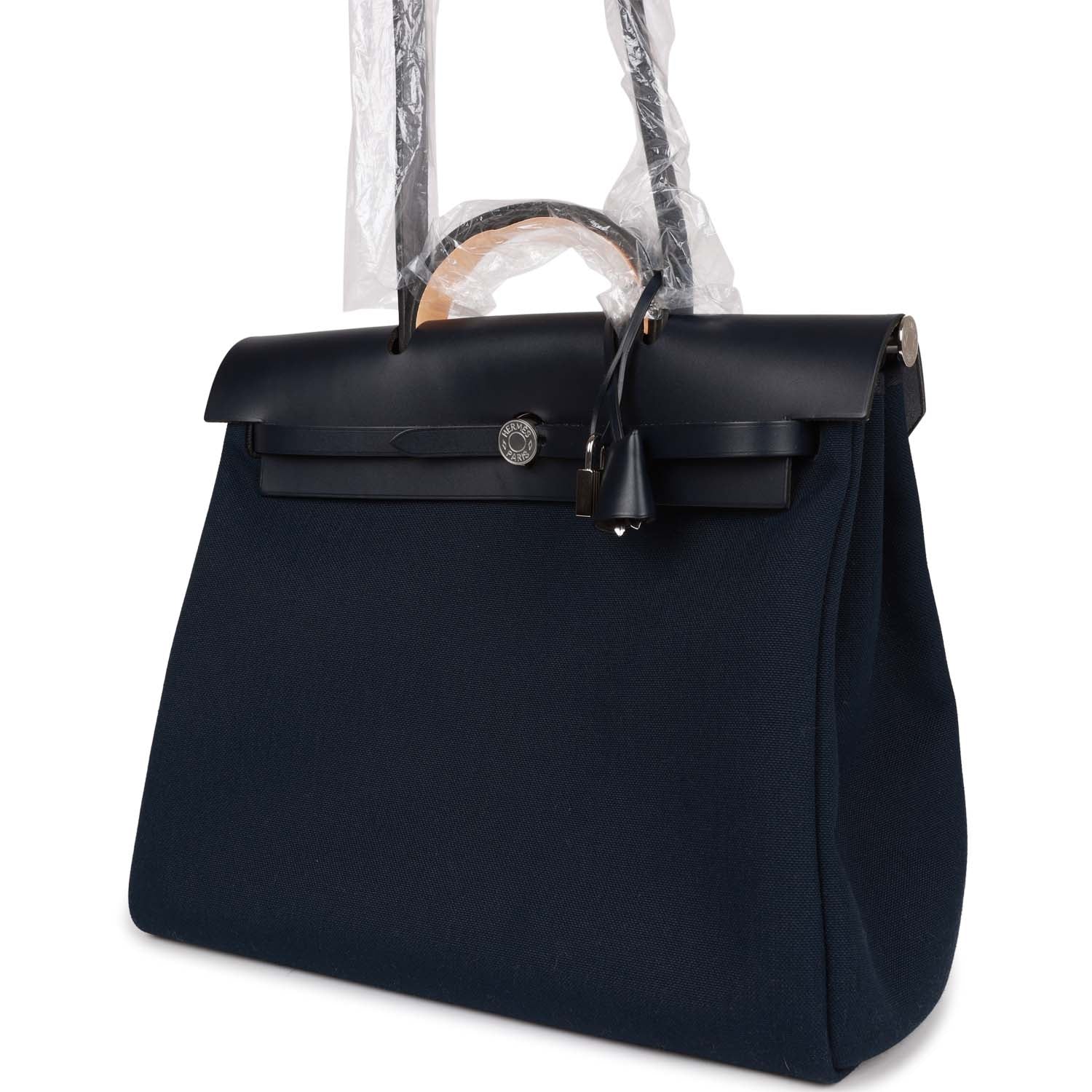 Hermes Herbag 39 Bleu Marine/Bleu Indigo Toile Militaire and Vache Hunter Palladium Hardware