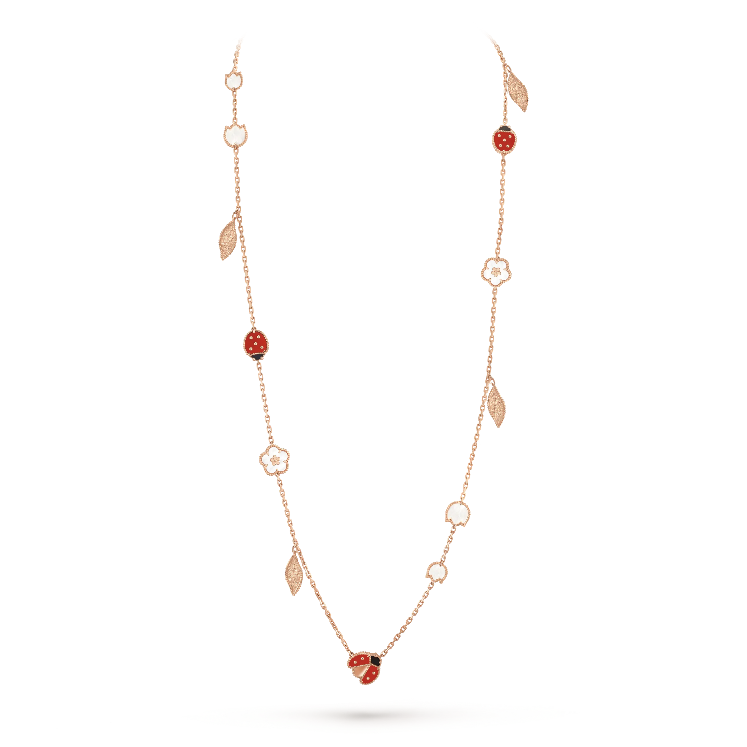 Lucky Spring long necklace, 15 motifs, rose gold, white mother-of-pearl, carnelian, onyx.