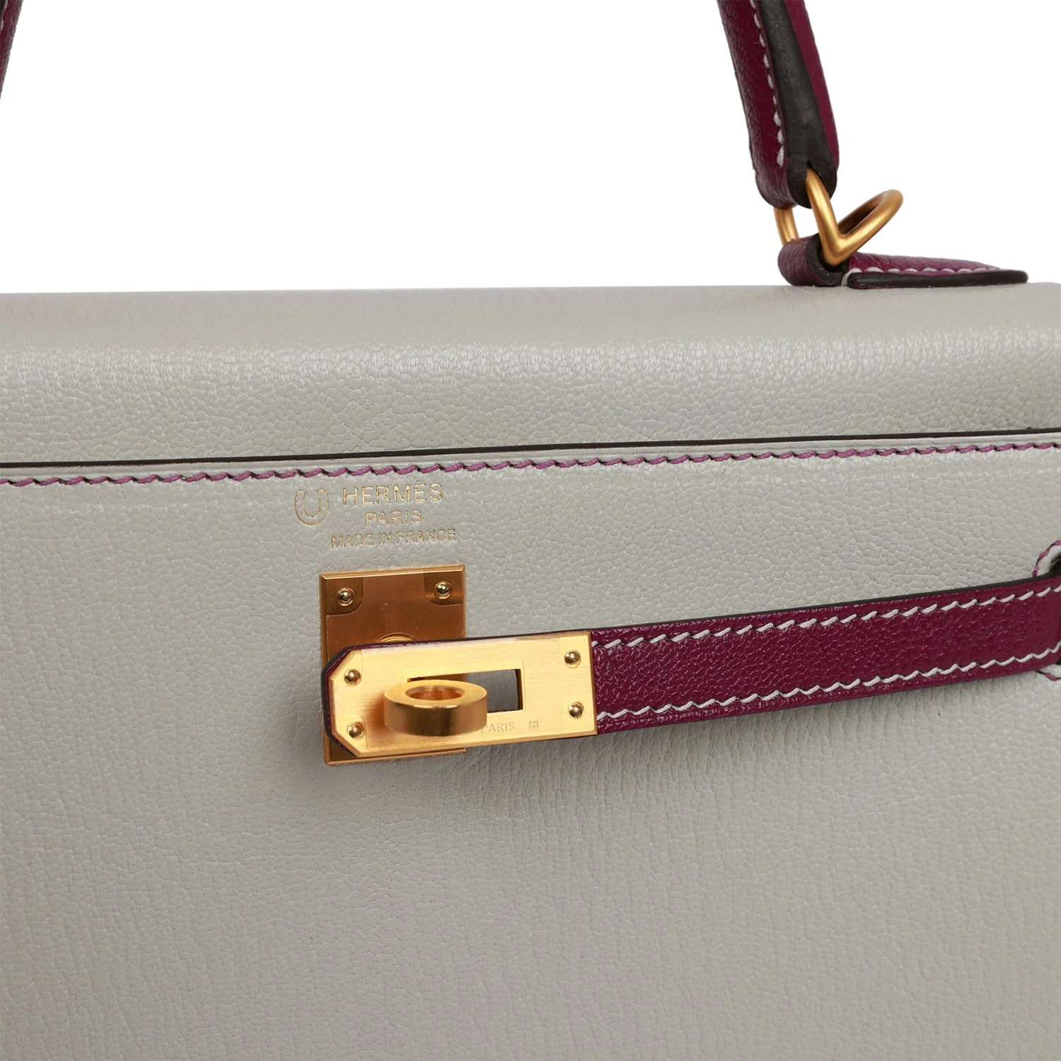Pre-owned Hermes Special Order (HSS) Kelly Sellier 25 Gris Perle and Anemone Chevre Brushed Gold Hardware