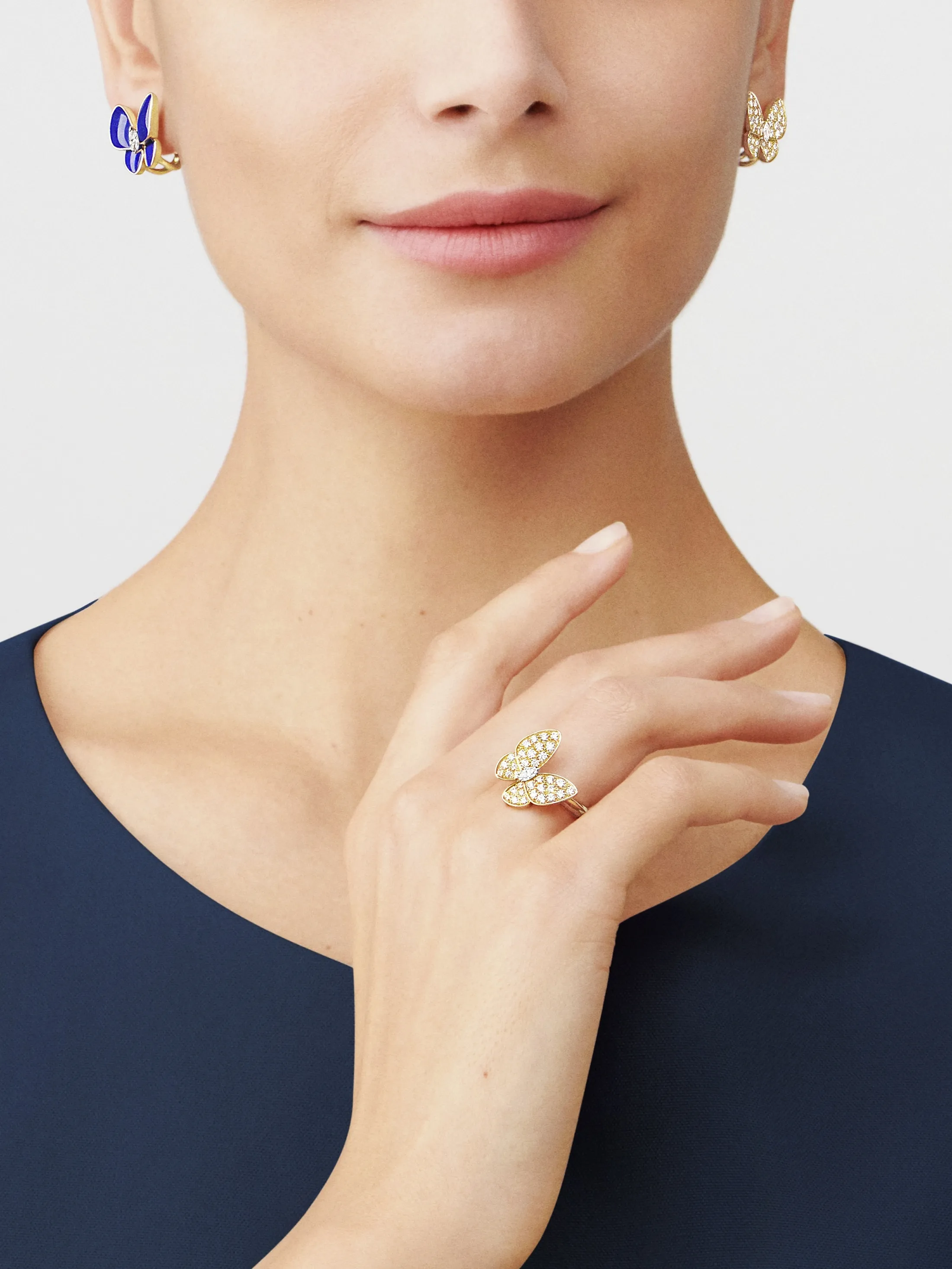 Two Butterfly earrings yellow gold, Diamond
