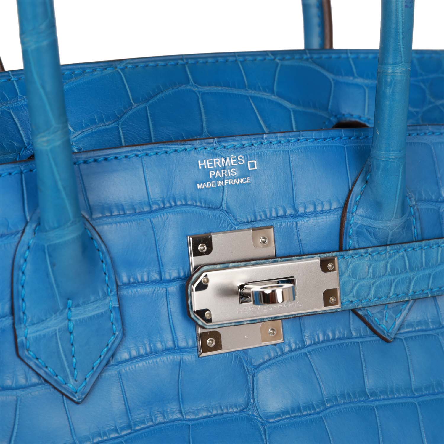 Pre-owned Hermes Birkin 30 Bleu Mykonos Matte Alligator Palladium Hardware