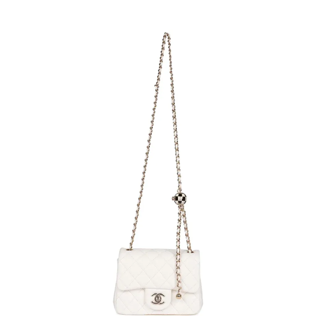 Pearl Crush Mini Square Flap Bag White Lambskin Light Gold Hardware