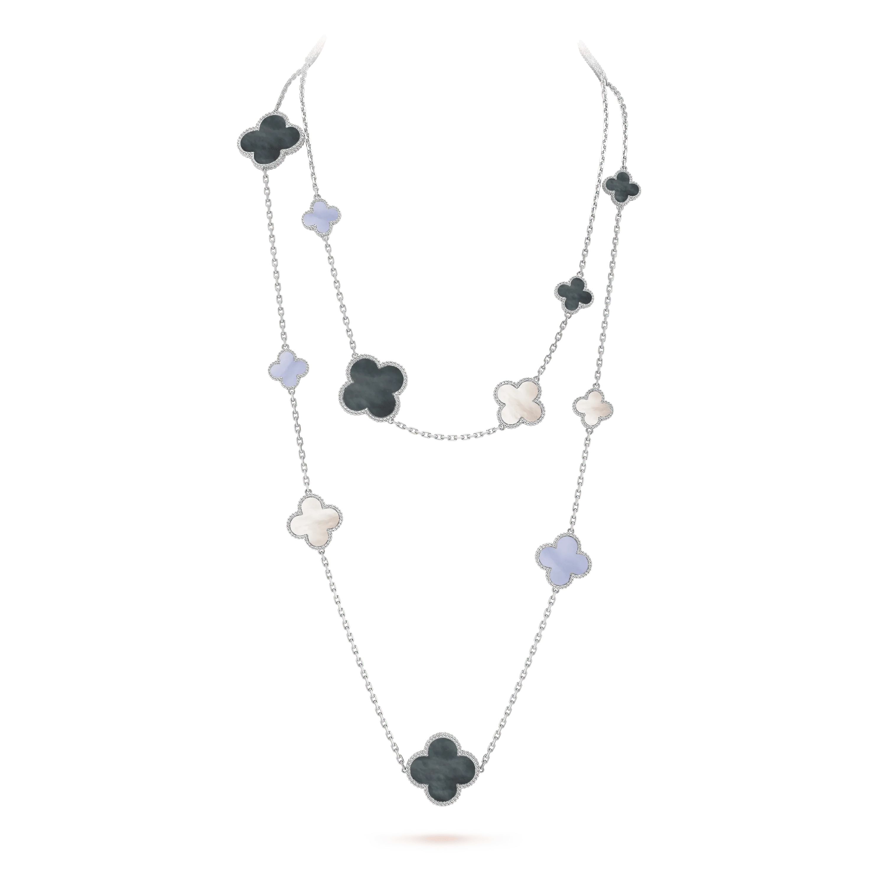 Van Cleef&Arpels VintageMagic Alhambra long necklace, 16 motifs  white gold, Chalcedony, Mother-of-pearl